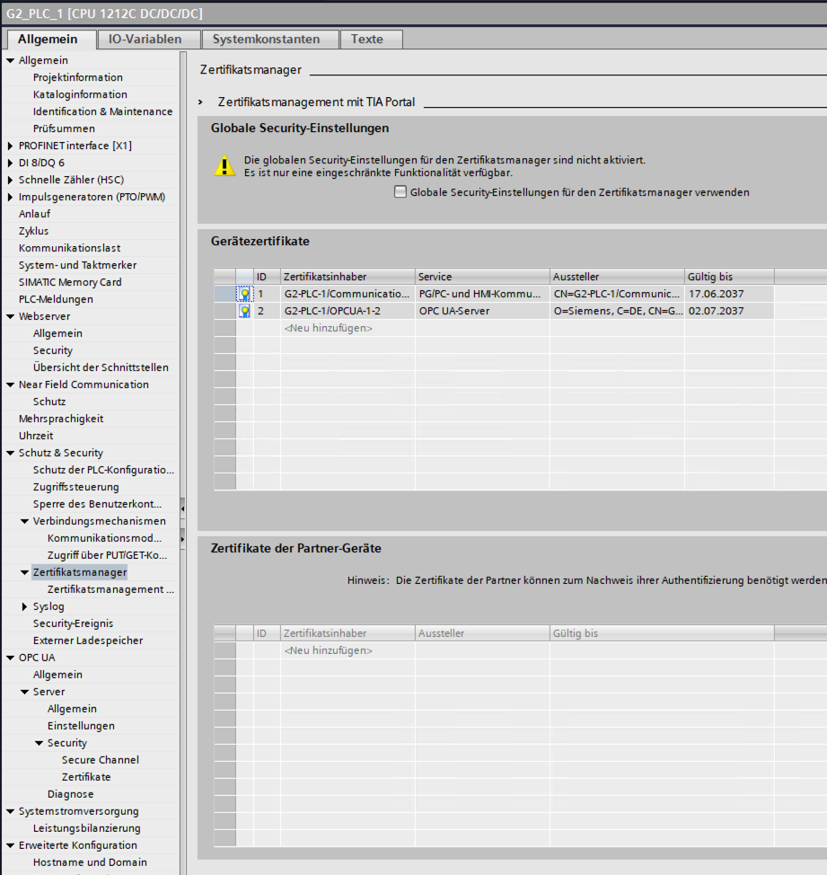 TIA Portal certificate manager showing the per-service device certificates and their issuers