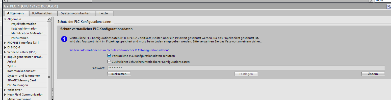 The same dialog on an S7-1200 G2 with protection enabled and a second checkbox