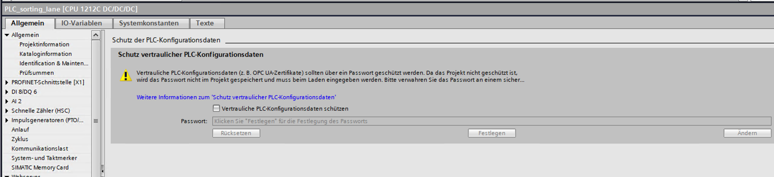 The Schutz vertraulicher PLC-Konfigurationsdaten dialog with the option unticked