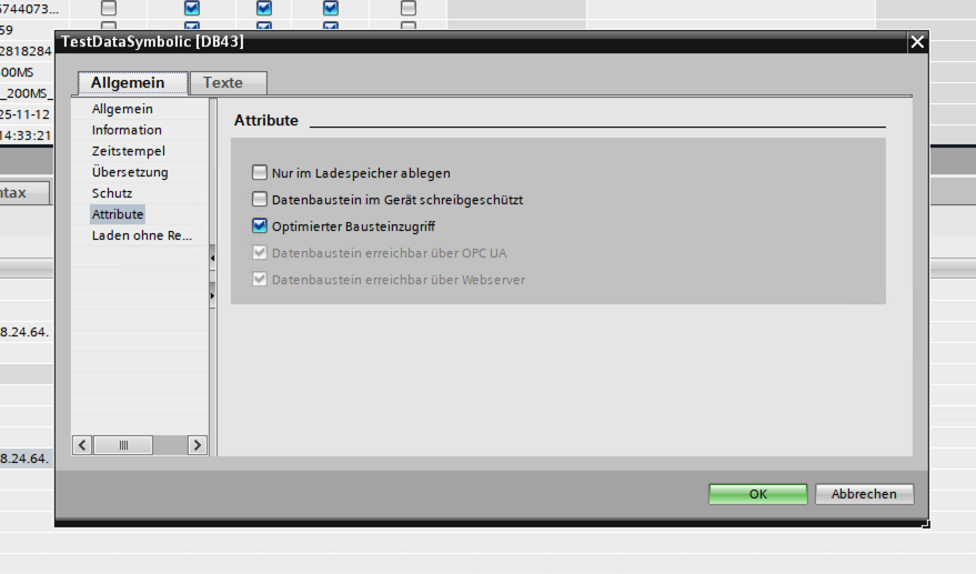 DB Attributes dialog — optimized block