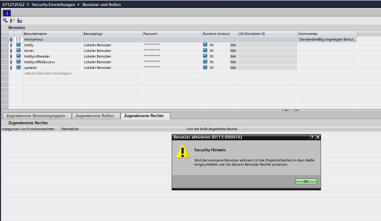 TIA security note shown when activating the anonymous user on an S7-1200 G2