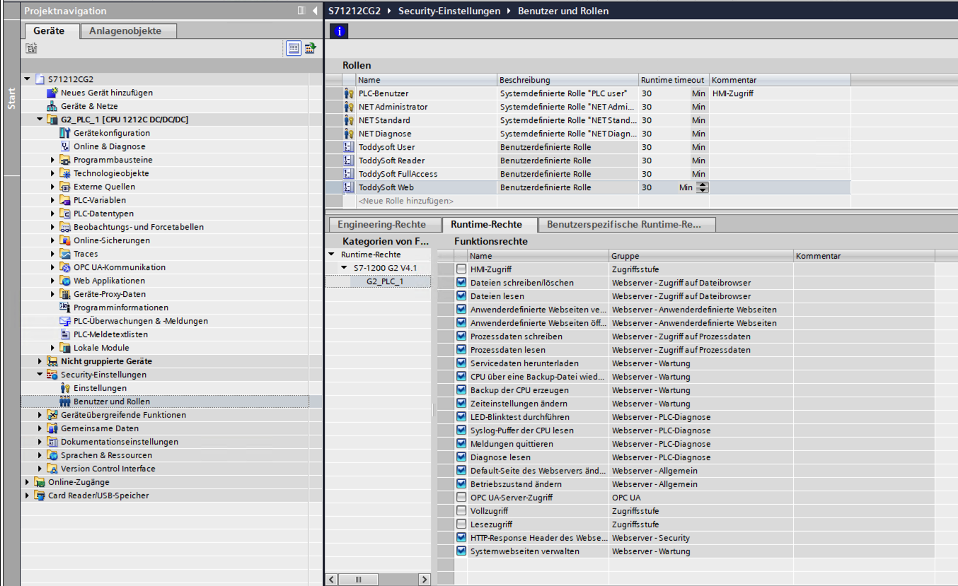 TIA function-right catalog on an S7-1200 G2 grouped by subsystem