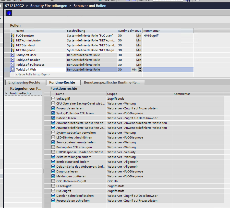 TIA role editor showing many webserver function rights and a single OPC UA right
