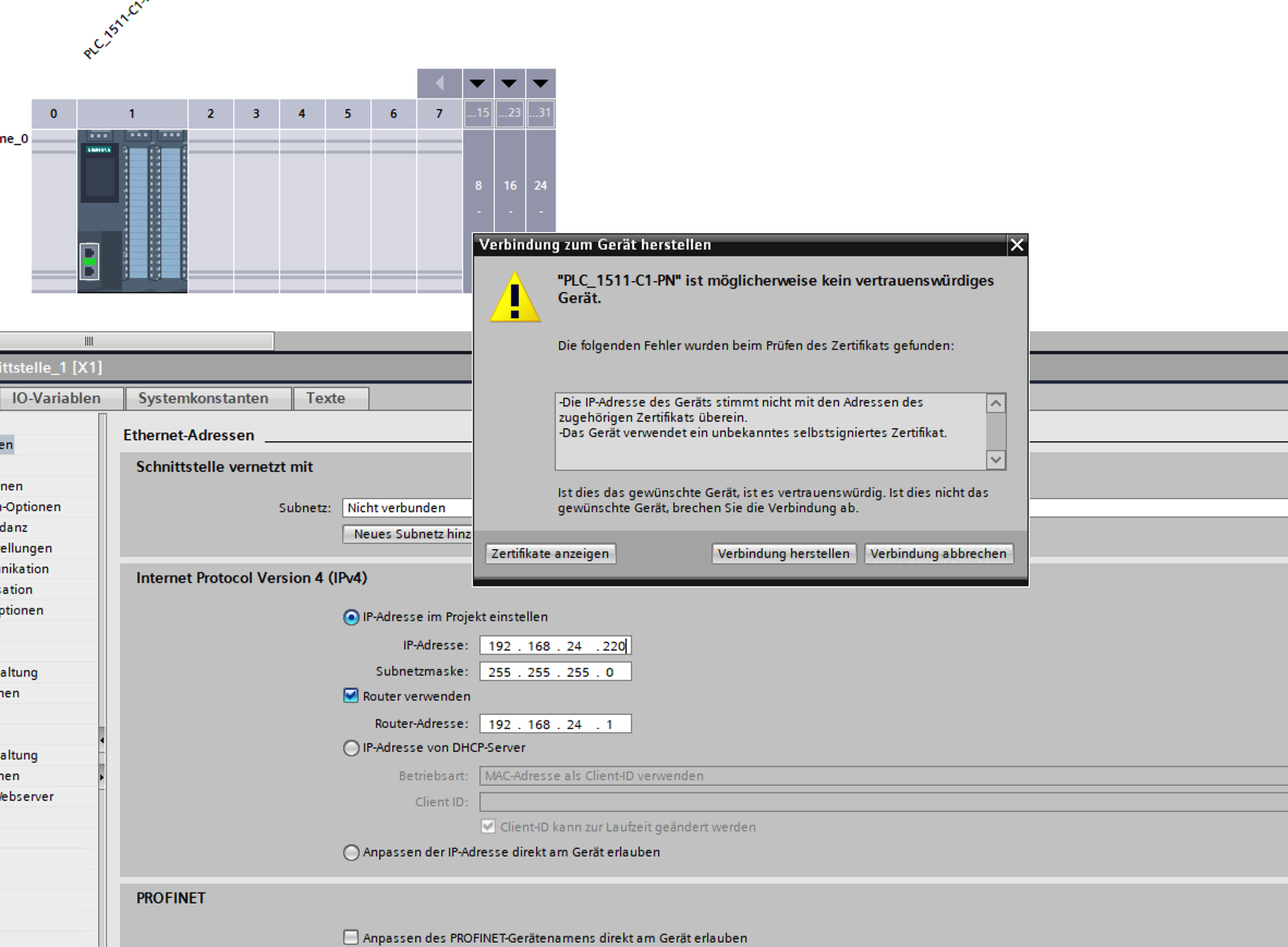 TIA Portal certificate-warning popup shown when connecting through the MITM proxy