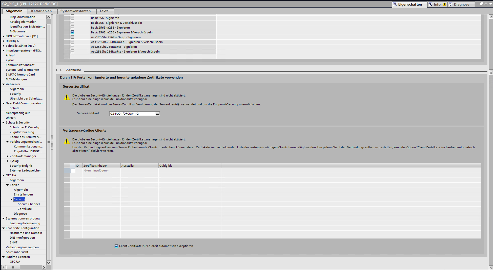 TIA Portal OPC UA server trusted-clients certificate list