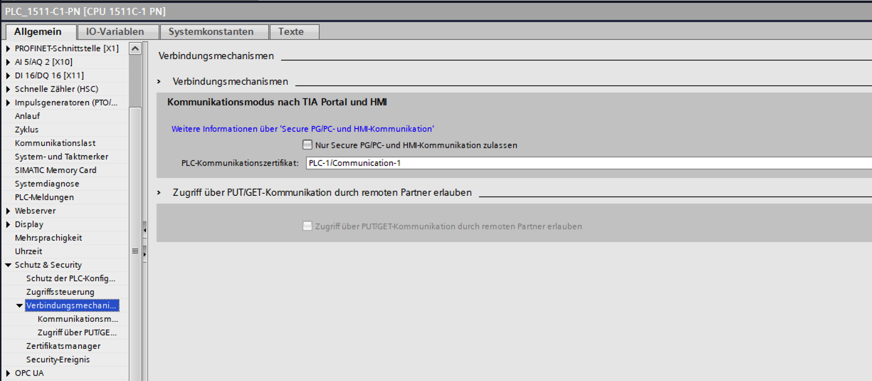 TIA Portal S7/PG-HMI connection mechanisms page — a PLC communication certificate but no trusted-clients list