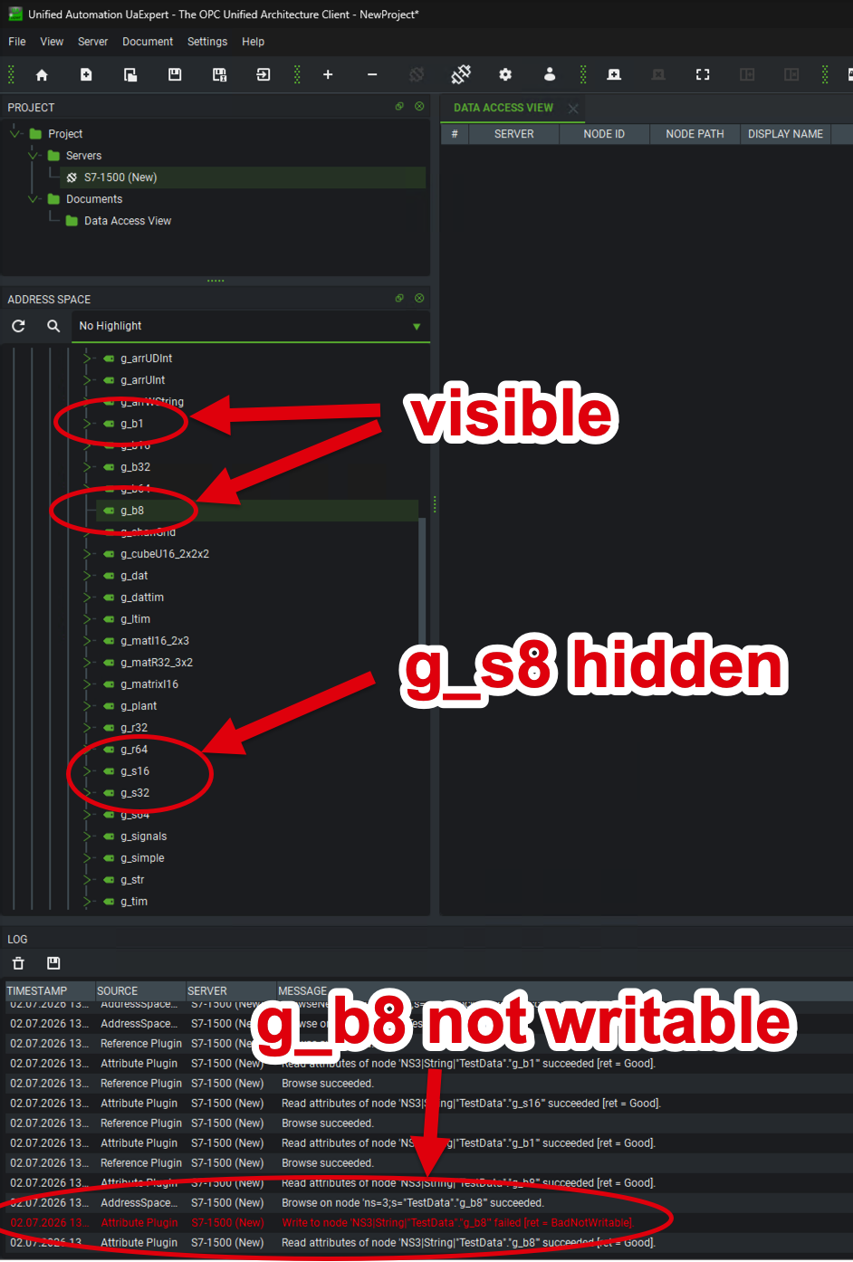 UaExpert address space and write log against the classic DB