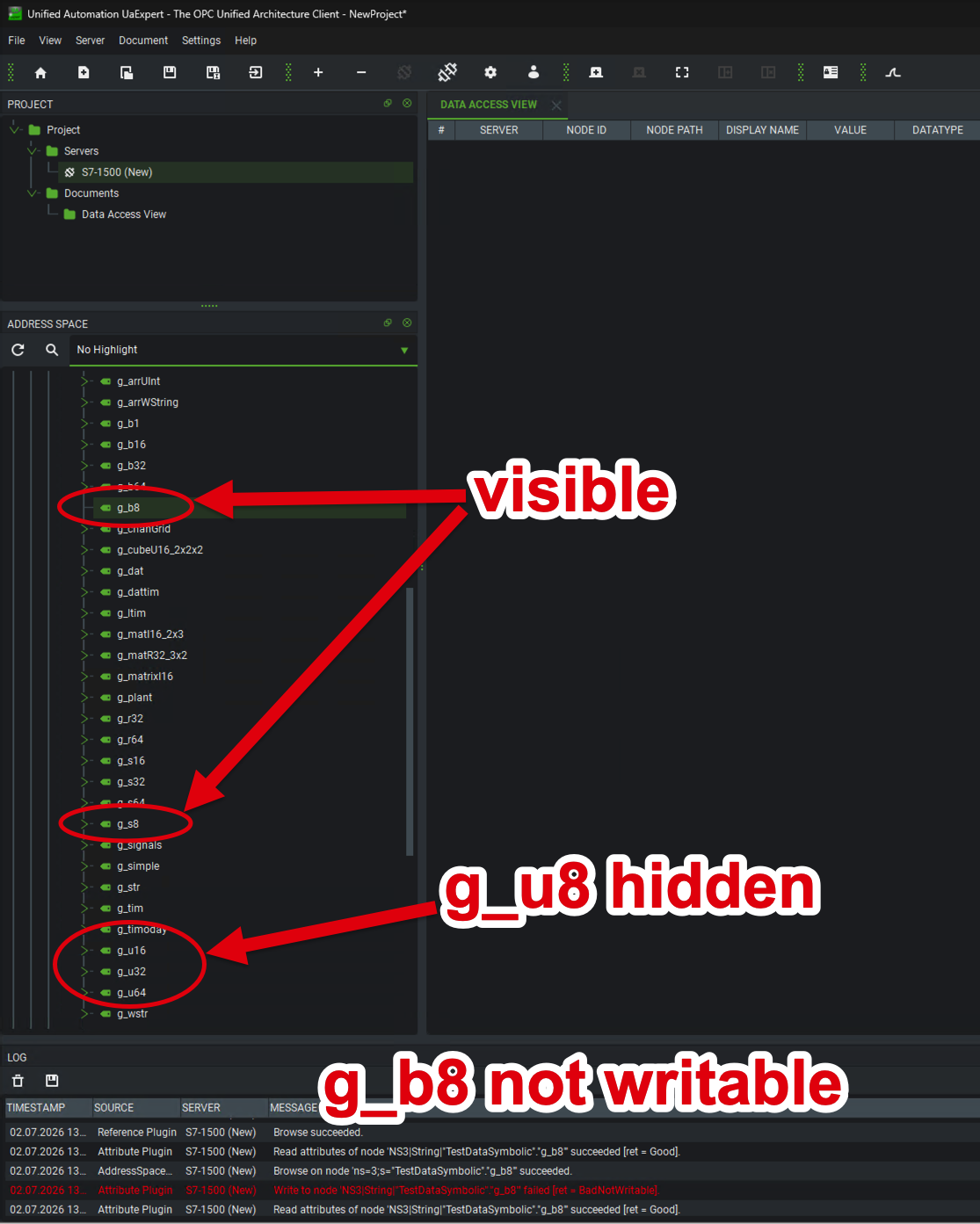 UaExpert address space and write log against the optimized DB